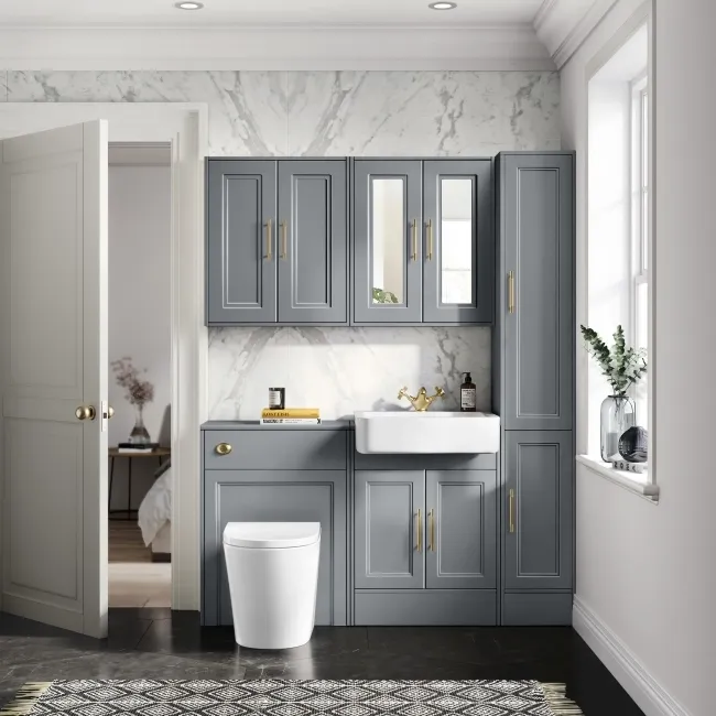 Monaco Dove Grey Combination Vanity Basin and Boston Toilet 1200mm - Brass Knurled Handles
