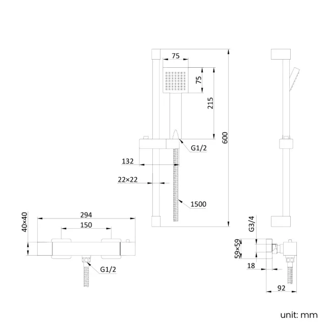 Cork Chrome Square Thermostatic Bar Shower Set