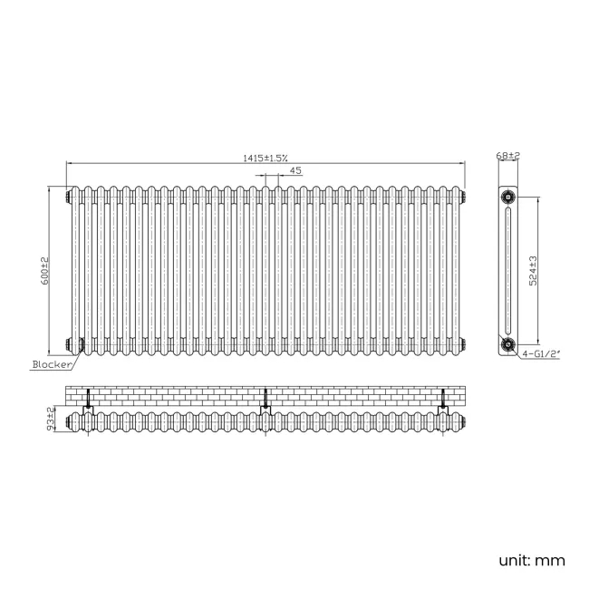 Athens Raw Metal Double Column Horizontal Traditional Radiator 600x1415mm
