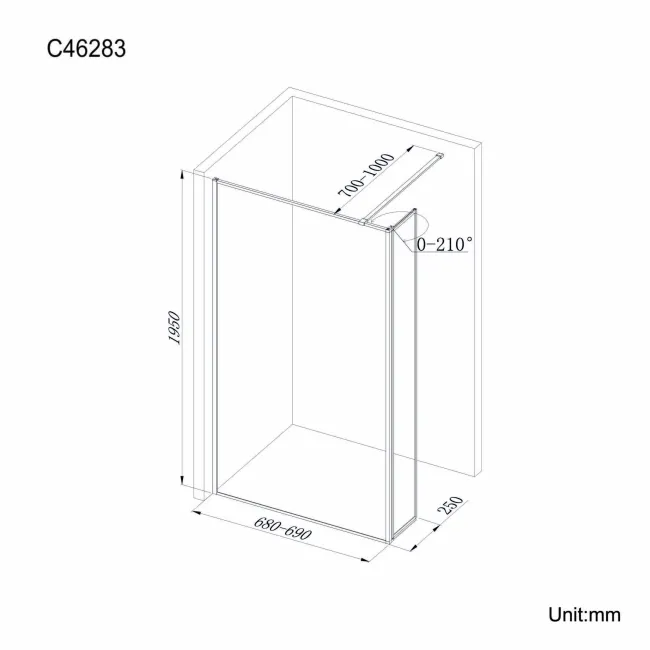 Munich Matt Black Framed 8mm Wet Room Shower Glass 700mm & 250mm Pivotal Return Panel