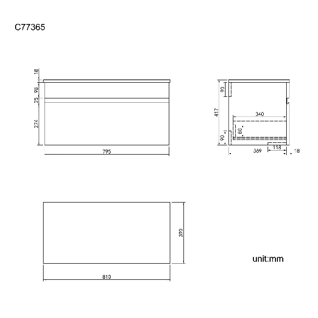 Trent Stone Grey Wall Hung Drawer 800mm - Excludes Counter Top Basin