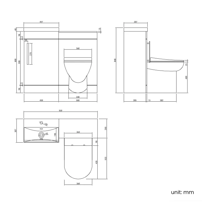 Avon Gloss White Combination Vanity Basin and Aruba Toilet 950mm - Black Accents