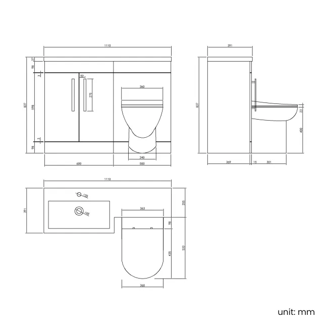 Avon Gloss White Combination Vanity Basin and Aruba Toilet 1100mm - Black Accents - Left Handed