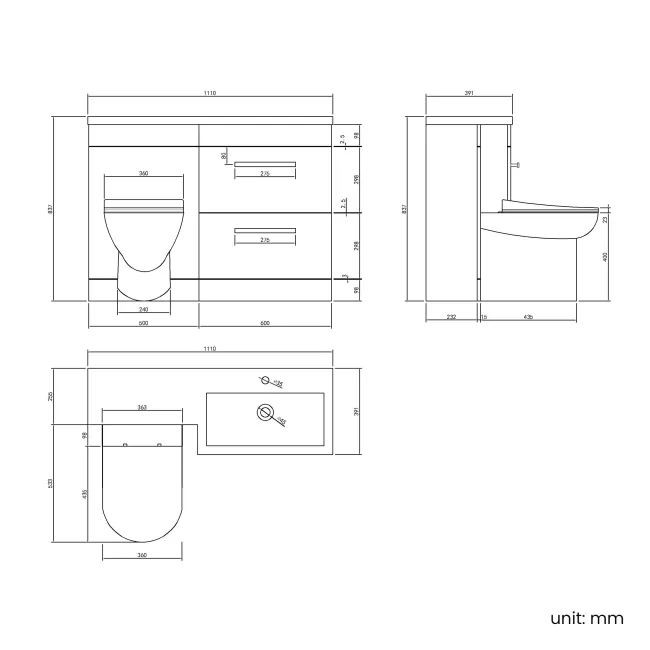 Avon Gloss White Combination Basin Drawer and Aruba Toilet 1100mm - Black Accents - Right Handed