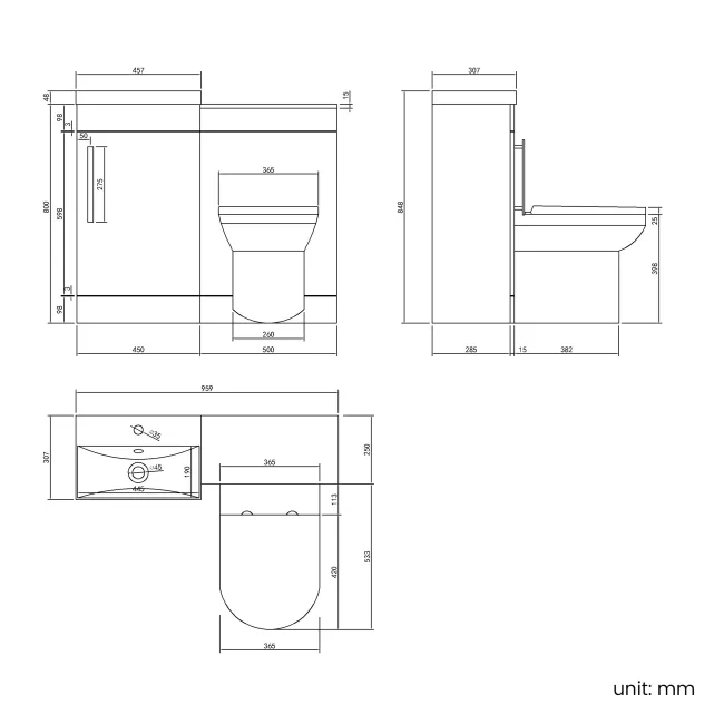 Avon Stone Grey Combination Vanity Basin and Miami Toilet 950mm - Black Accents