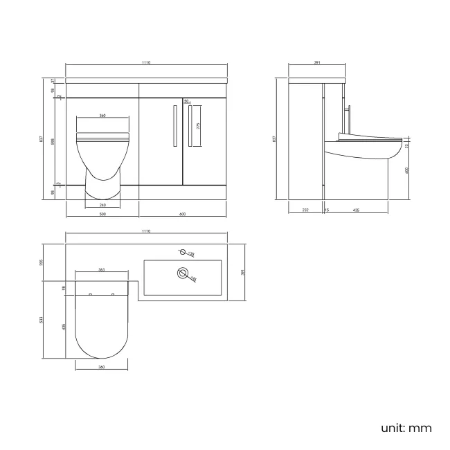 Avon Stone Grey Combination Vanity Basin and Aruba Toilet 1100mm - Black Accents - Right Handed