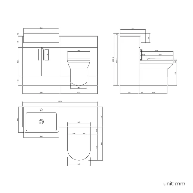 Harper Charcoal Elm Combination Vanity Basin with Marble Top & Miami Toilet 1200mm - Black Accents