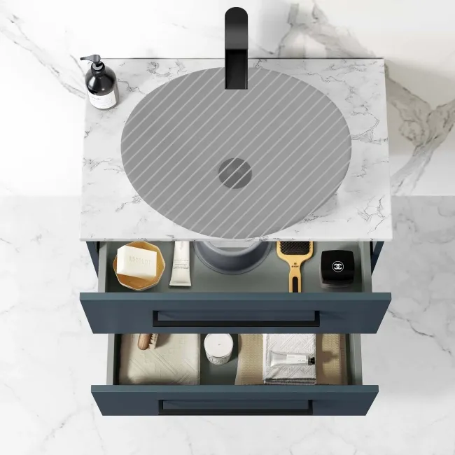 Elba Inky Blue Wall Hung Drawer 600mm Excludes Counter Top Basin - Black Accents