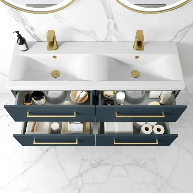 Elba Inky Blue Wall Hung Double Basin Drawer Vanity 1200mm - Brushed Brass Accents