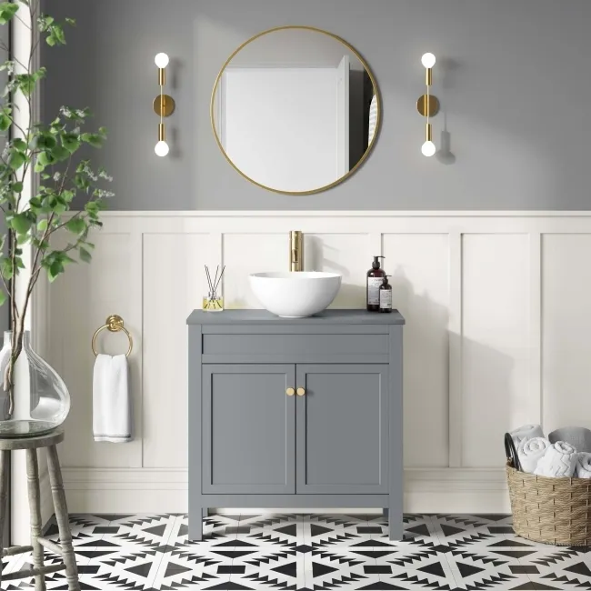 Bermuda Dove Grey Vanity with Round Counter Top Basin 800mm - Brushed Brass Accents