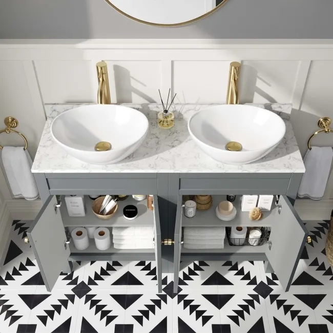 Bermuda Dove Grey Vanity with Marble Top & Oval Counter Top Basin 1200mm - Brushed Brass Accents