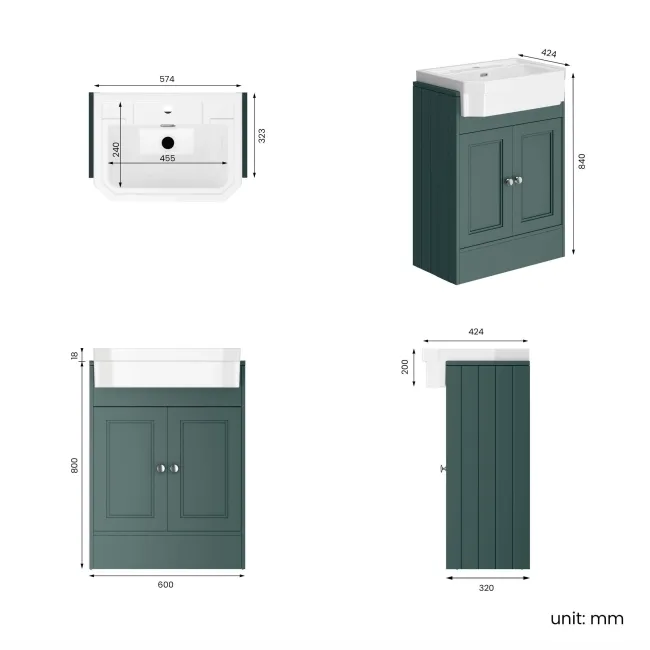 Monaco Midnight Green Traditional Basin Vanity 600mm