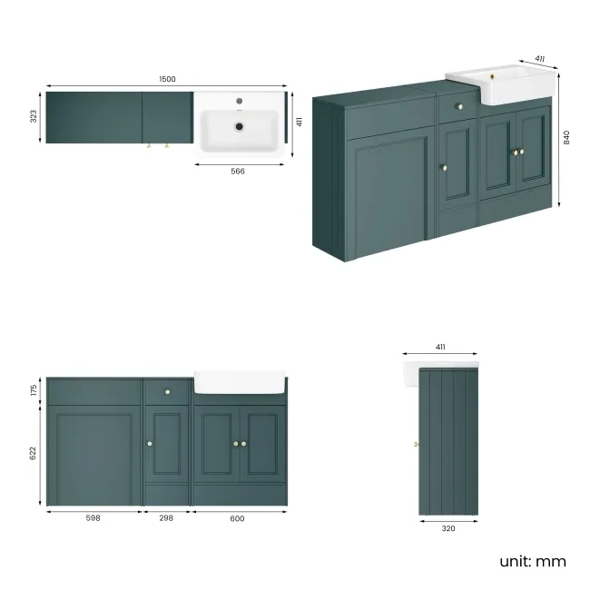 Monaco Midnight Green Basin Vanity and Back To Wall Unit 1500mm (Excludes Pan & Cistern) - Brushed Brass Accents