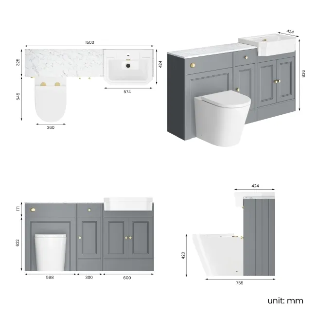 Monaco Dove Grey Combination Vanity Traditional Basin with Marble Top and Boston Toilet 1500mm - Brushed Brass Accents