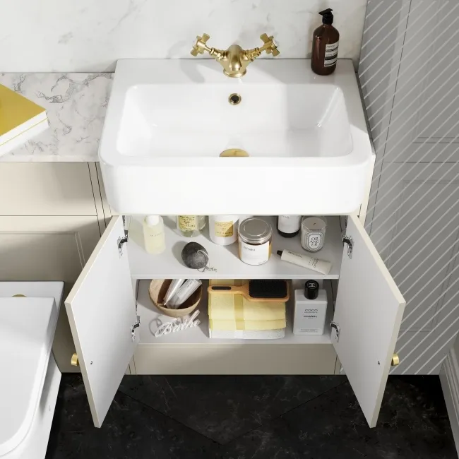 Monaco Chalk White Combination Vanity Basin with Marble Top & Atlanta Toilet 1200mm - Brushed Brass Accents