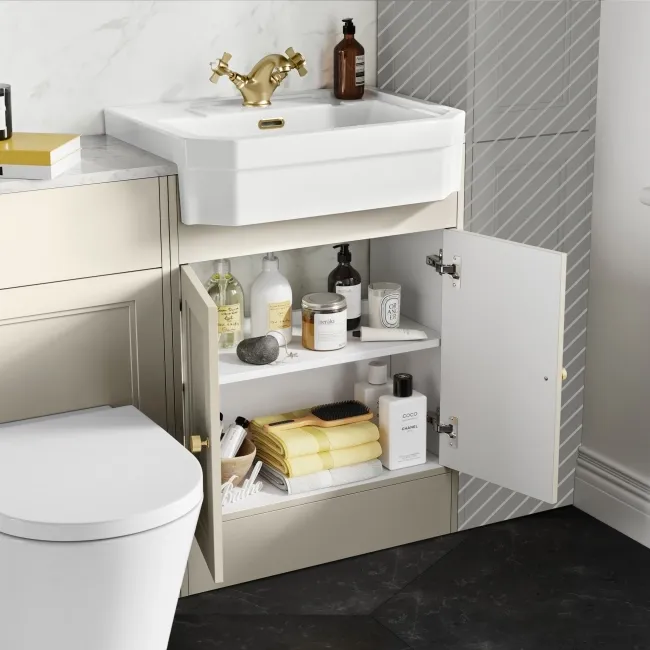 Monaco Chalk White Combination Vanity Traditional Basin with Marble Top & Boston Toilet 1200mm - Brushed Brass Accents