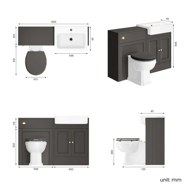 Monaco Graphite Grey Combination Vanity Basin and Hudson Toilet with Wooden Seat 1200mm - Brushed Brass Accents