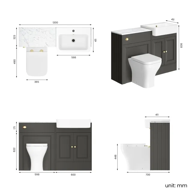 Monaco Graphite Grey Combination Vanity Basin with Marble Top & Atlanta Toilet 1200mm - Brushed Brass Accents
