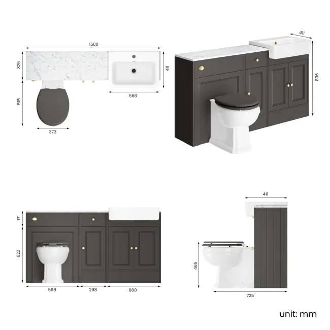 Monaco Graphite Grey Combination Vanity Basin with Marble Top and Hudson Toilet with Wooden Seat 1500mm - Brushed Brass Accents