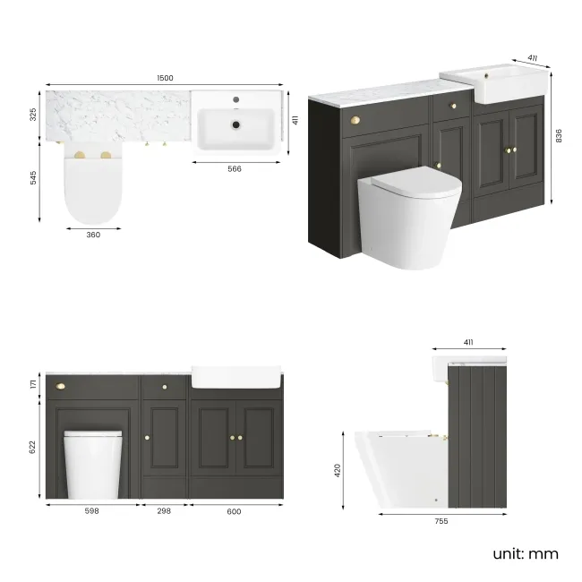 Monaco Graphite Grey Combination Vanity Basin with Marble Top and Boston Toilet 1500mm - Brushed Brass Accents