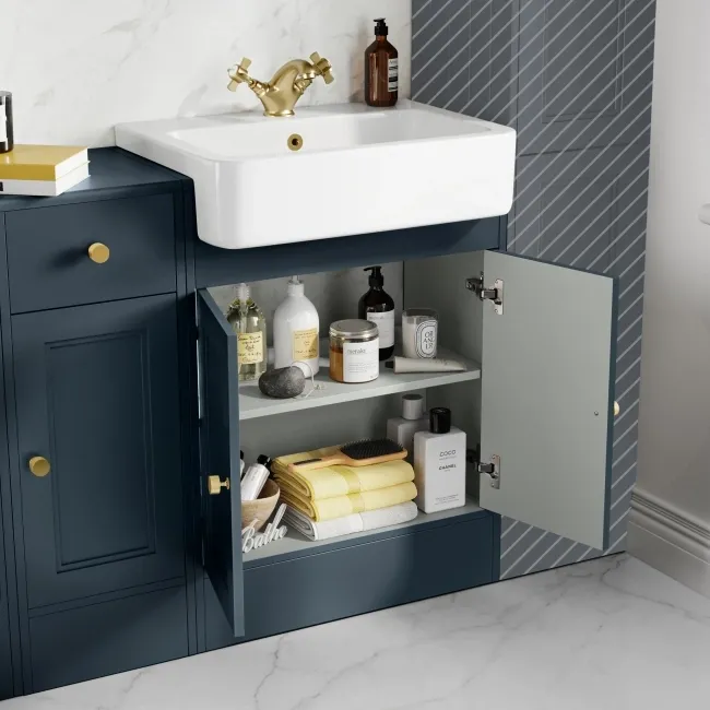 Monaco Inky Blue Combination Vanity Basin and Hudson Toilet with Wooden Seat 1500mm - Brushed Brass Accents