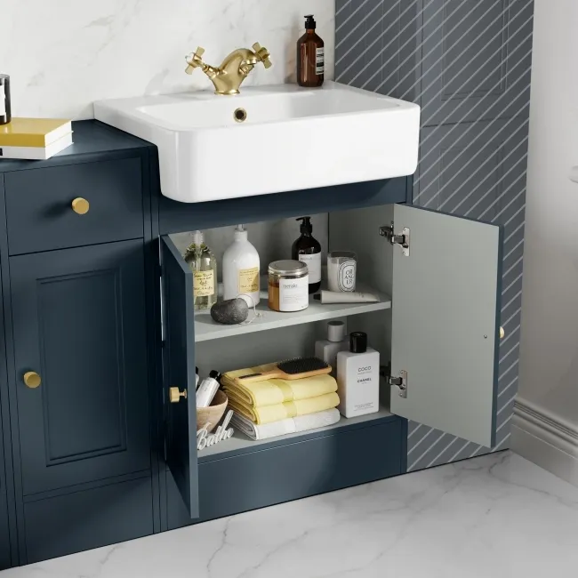 Monaco Inky Blue Combination Vanity Basin and Boston Toilet 1500mm - Brushed Brass Accents