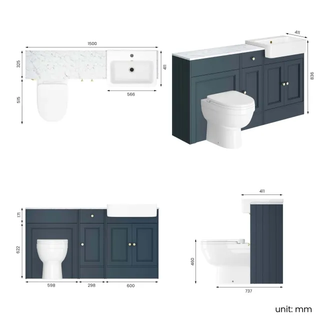 Monaco Inky Blue Combination Vanity Basin with Marble Top and Seattle Toilet 1500mm - Brushed Brass Accents