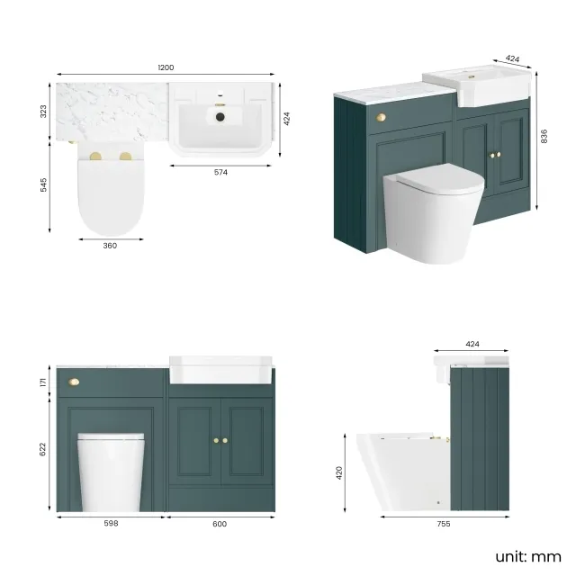Monaco Midnight Green Combination Vanity Traditional Basin with Marble Top & Boston Toilet 1200mm - Brushed Brass Accents