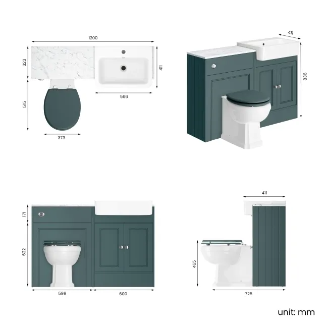 Monaco Midnight Green Combination Vanity Basin with Marble Top & Hudson Toilet with Wooden Seat 1200mm