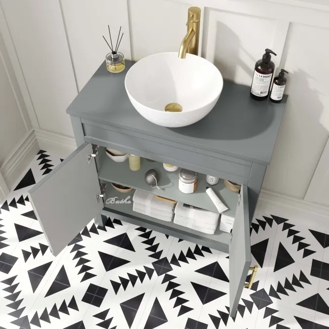 Bermuda Dove Grey Vanity with Round Counter Top Basin 800mm - Brass Knurled Handles