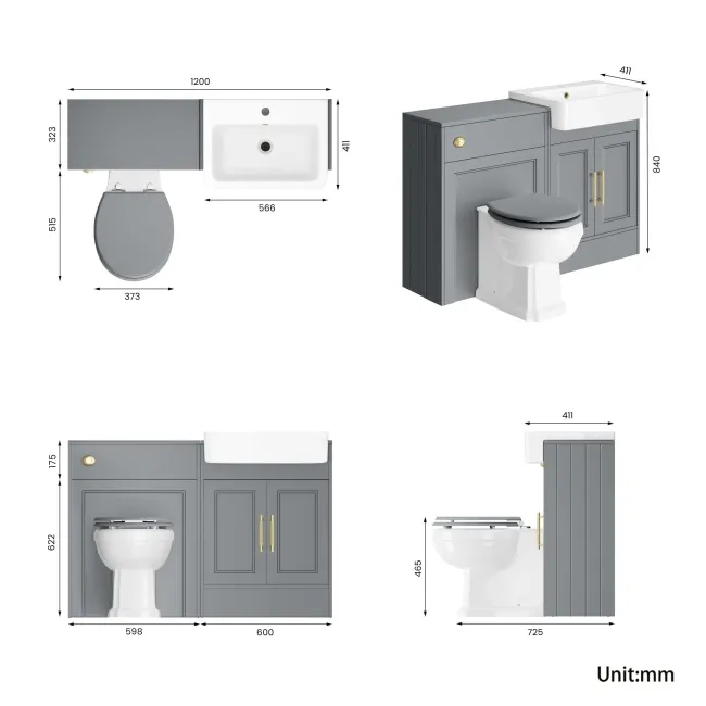 Monaco Dove Grey Combination Vanity Basin and Hudson Toilet with Wooden Seat 1200mm - Brass Knurled Handles