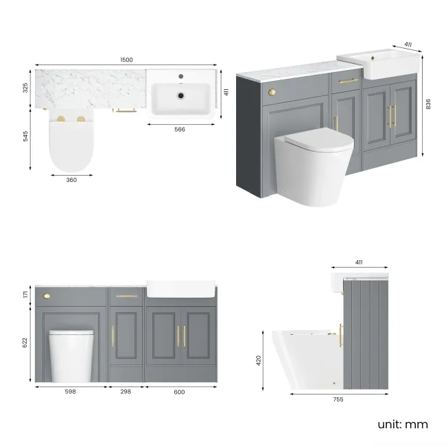 Monaco Dove Grey Combination Vanity Basin with Marble Top and Boston Toilet 1500mm - Brass Knurled Handles