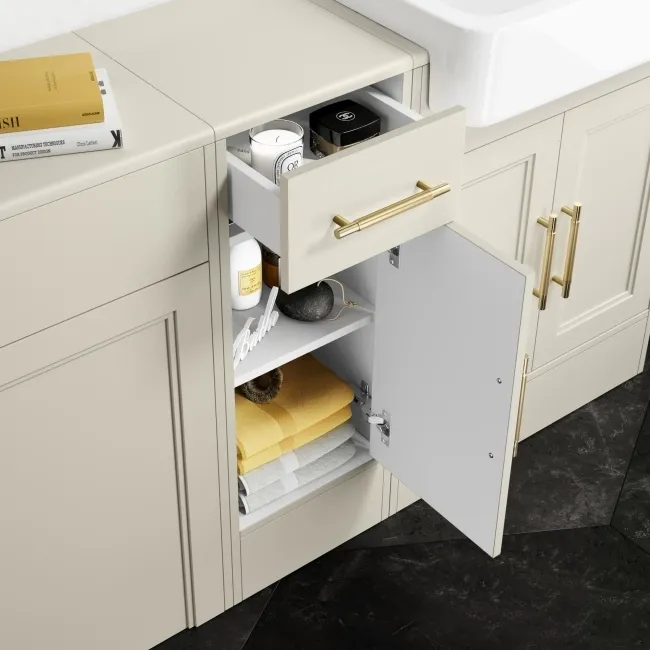 Monaco Chalk White Combination Vanity Basin 1500mm (Excludes Pan & Cistern) - Brass Knurled Handles