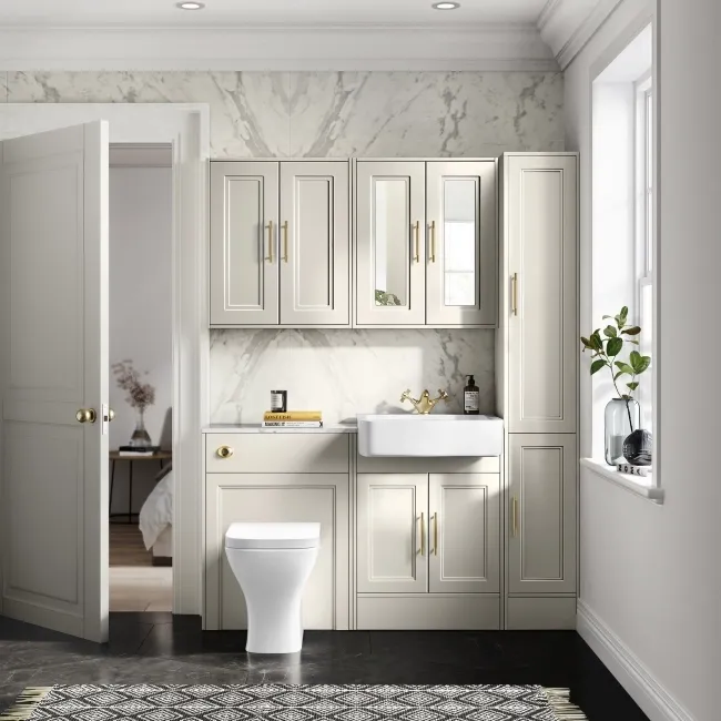 Monaco Chalk White Combination Vanity Basin with Marble Top & Atlanta Toilet 1200mm - Brass Knurled Handles