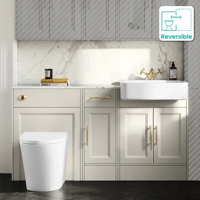 Monaco Chalk White Combination Vanity Basin with Marble Top and Boston Toilet 1500mm - Brass Knurled Handles