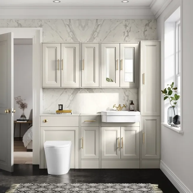 Monaco Chalk White Combination Vanity Traditional Basin and Boston Toilet 1500mm - Brass Knurled Handles