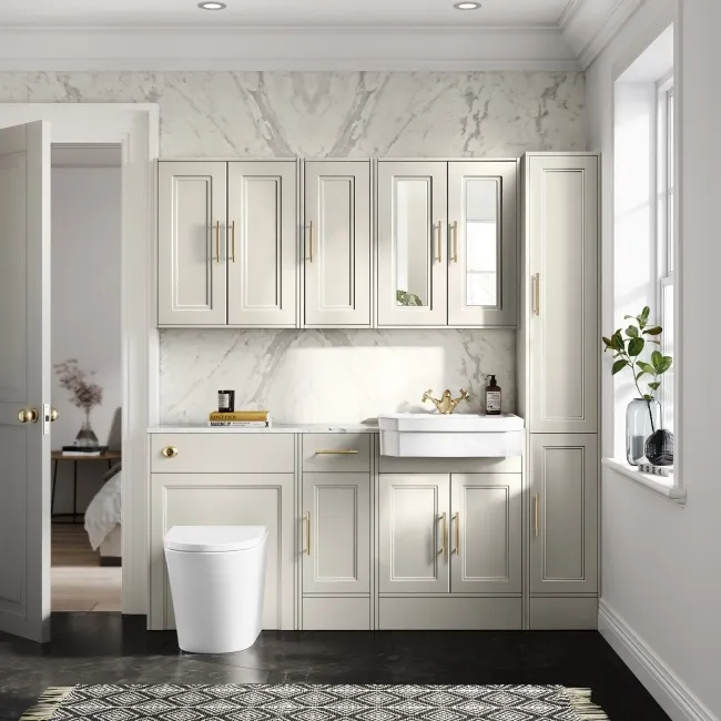 Monaco Chalk White Combination Vanity Traditional Basin with Marble Top and Boston Toilet 1500mm - Brass Knurled Handles