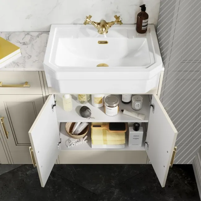 Monaco Chalk White Combination Vanity Traditional Basin with Marble Top and Boston Toilet 1500mm - Brass Knurled Handles