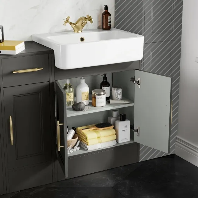 Monaco Graphite Grey Combination Vanity Basin and Boston Toilet 1500mm - Brass Knurled Handles