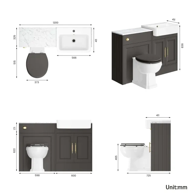 Monaco Graphite Grey Combination Vanity Basin with Marble Top & Hudson Toilet with Wooden Seat 1200mm - Brass Knurled Handles