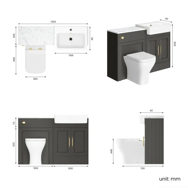 Monaco Graphite Grey Combination Vanity Basin with Marble Top & Atlanta Toilet 1200mm - Brass Knurled Handles