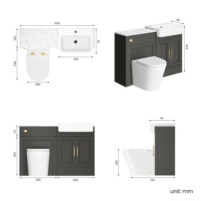 Monaco Graphite Grey Combination Vanity Basin with Marble Top & Boston Toilet 1200mm - Brass Knurled Handles