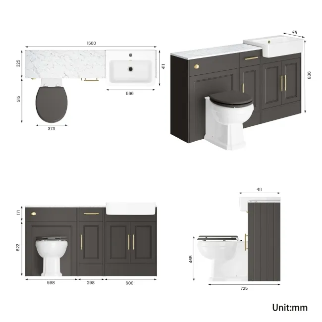 Monaco Graphite Grey Combination Vanity Basin with Marble Top and Hudson Toilet with Wooden Seat 1500mm - Brass Knurled Handles
