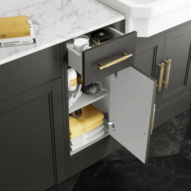 Monaco Graphite Grey Combination Vanity Traditional Basin with Marble Top and Boston Toilet 1500mm - Brass Knurled Handles