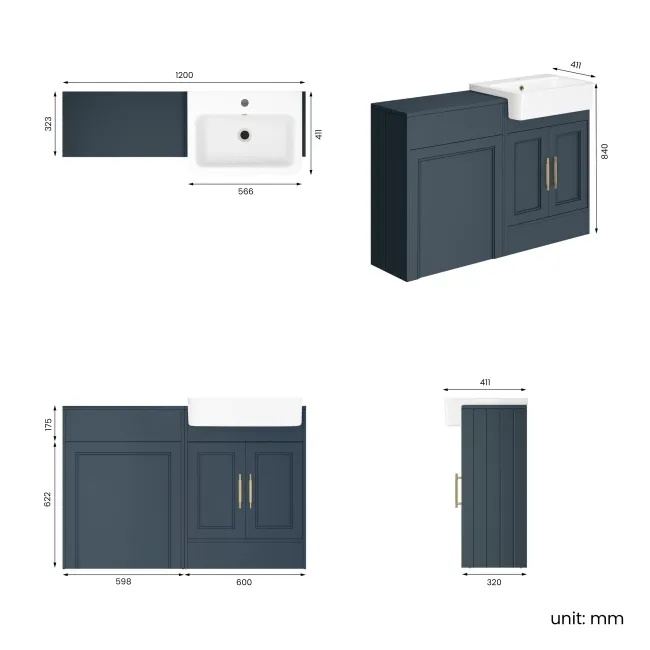 Monaco Inky Blue Basin Vanity and Back To Wall Unit 1200mm (Excludes Pan & Cistern) - Brass Knurled Handles