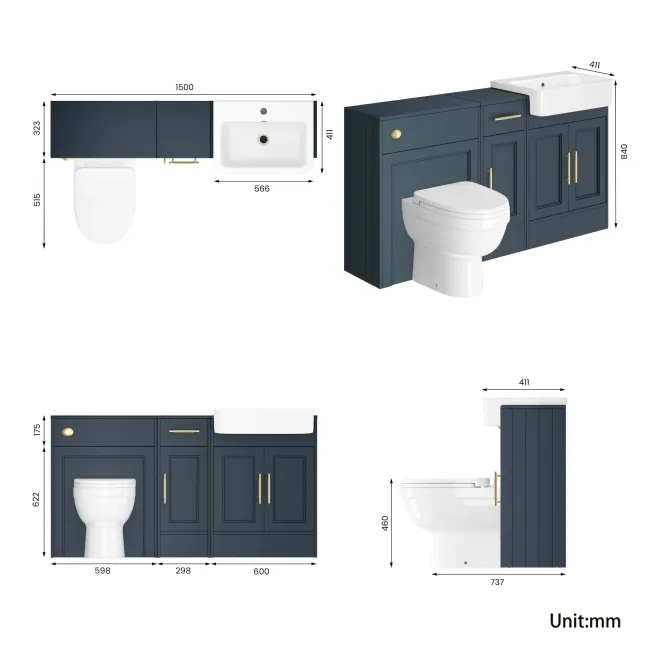 Monaco Inky Blue Combination Vanity Basin and Seattle Toilet 1500mm - Brass Knurled Handles