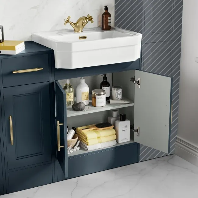 Monaco Inky Blue Combination Vanity Traditional Basin and Boston Toilet 1500mm - Brass Knurled Handles
