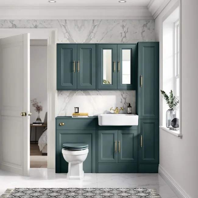Monaco Midnight Green Basin Vanity and Back To Wall Unit 1200mm (Excludes Pan & Cistern) - Brass Knurled Handles