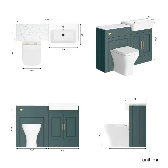Monaco Midnight Green Combination Vanity Basin with Marble Top & Atlanta Toilet 1200mm - Brass Knurled Handles