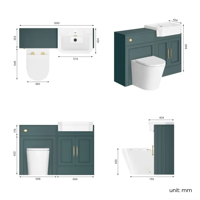 Monaco Midnight Green Combination Vanity Traditional Basin and Boston Toilet 1200mm - Brass Knurled Handles
